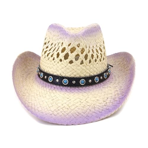 ROEUIPG Rosa Farbspritzpapier Stroh Cowboyhüte Sommer Männer Frauen Breite Krempe Sonnenschutzhut Strandkappe Mit Winddichtem Seil Für Junggesellinnenabschied, Halloween(PURPLE) von ROEUIPG