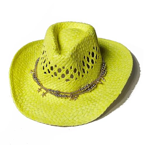 ROEUIPG Sommer Outdoor Männer Frauen Handgewebte Cowboy Papier Strohhüte Breite Krempe Atmungsaktive Strand Multicolor Cap Für Junggesellinnenabschied, Halloween(Style 03) von ROEUIPG