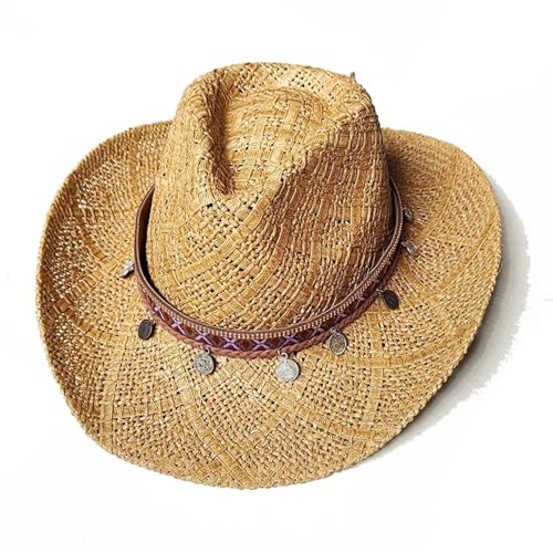 ROEUIPG Sommer Outdoor Männer Frauen Handgewebte Cowboy Papier Strohhüte Breite Krempe Atmungsaktive Strand Multicolor Cap Für Junggesellinnenabschied, Halloween(Style 07) von ROEUIPG