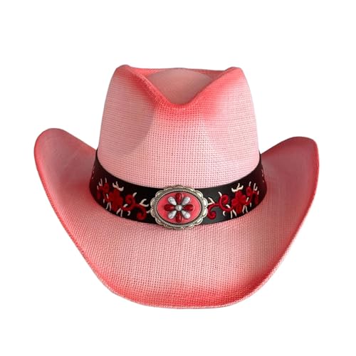 ROEUIPG Vintage Cowgirlhut mit besticktem Gürtel Damen Herren Breite Krempe Stroh Cowgirlhut Outdoor Urlaub Reise Jazz Caps Für Junggesellinnenabschied, Halloween(Ivory) von ROEUIPG