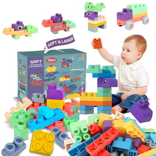 Baby Soft Blocks Set, 70PCS Building Toys for Babies 6 Months and Up, STEM Educational Toddler Gifts, Soft Rubber Blocks for 12-18 Months, Sensory Big Building Blocks von ROHSCE