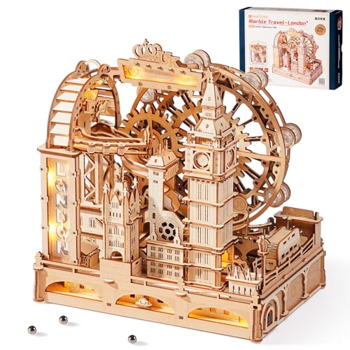 ROKR Marble Travel London EGB01 3D Holzpuzzle Kugelbahn Modell für Erwachsene mit LED London Eye Big Ben Tower Bridge Bastelset Schreibtisch Dekoration Geschenk für Frauen Männer von ROKR
