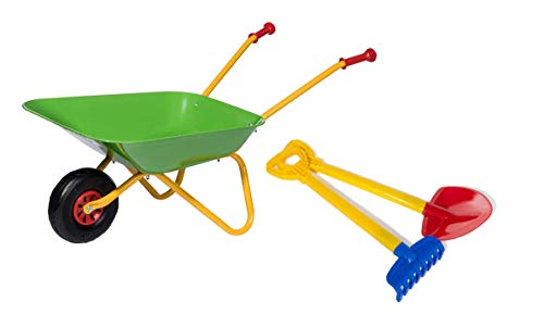 ROLLY TOYS 272846 Gartengeräte für Kinder Schubkarre, Set mit Schaufel und Rechen (Metallschubkarre bis 25 kg belastbar ab 2 ½ Jahren), Grün, 1 Rad von ROLLY TOYS