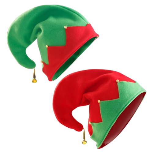 ROMISBABA 2 Stück Handgefertigte Elf Mützen Rot Grün Lustige Weihnachtsmütze mit Glocken Festival Kopfschmuck für Karneval Party und Kostümspaß von ROMISBABA