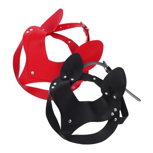 ROMISBABA 2 Stück Punk Pu-Masken mit Katzenohren Leichte Langlebige Halbgesichts-masken für Damen Angenehmer Sitz Stylisches Design in Schwarz und Rot für Halloween Maskenball Kostümparty von ROMISBABA