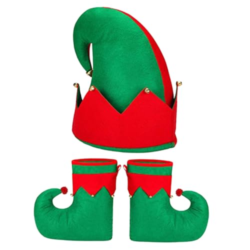 ROMISBABA 3 Stück Weihnachtself Kostüm Teiliges mit Mütze und Elfenschuhen Rot Grün Hochwertiges Verschleißfestes Weihnachtskostüm für Erwachsene Weihnachtsfeier Cosplay und Karneval von ROMISBABA