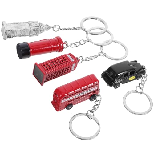 ROMISBABA 5 Stück Teiliges London Souvenir Schlüsselanhänger mit Roten Telefonzellen Doppeldeckerbus Briefkasten Silbernem Uhrturm und Taxi Robuste Metallanhänger Dekorativer London von ROMISBABA