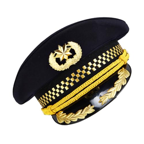 ROMISBABA Goldfarbene Kapitänsmütze mit Dekorativem Ährenmotiv Schwarze Uniform Mütze Langlebiger Geeignet für Cosplay Kostümzubehör und Party Vielseitig Einsetzbar für Erwachsene von ROMISBABA