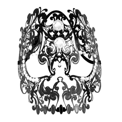 ROMISBABA Halbgesichts Maske aus Metall mit Diamantbesatz Leichte Atmungsaktive Karnevalsmaske Langlebiges Skelett Design für Fasching Halloween und Party Schwarze Masquerade von ROMISBABA