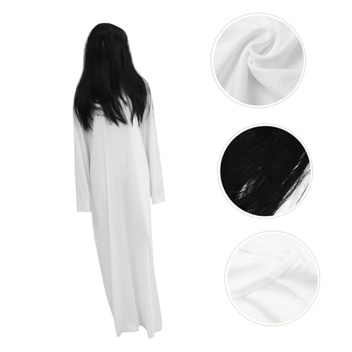 ROMISBABA Halloween Damen Kostüm Weißes Geisterkleid mit Schwarzer Perücke Gruseliges Cosplay Set für Haunted House Rollenspiel Karneval Bühnenauftritte und Halloween Party von ROMISBABA