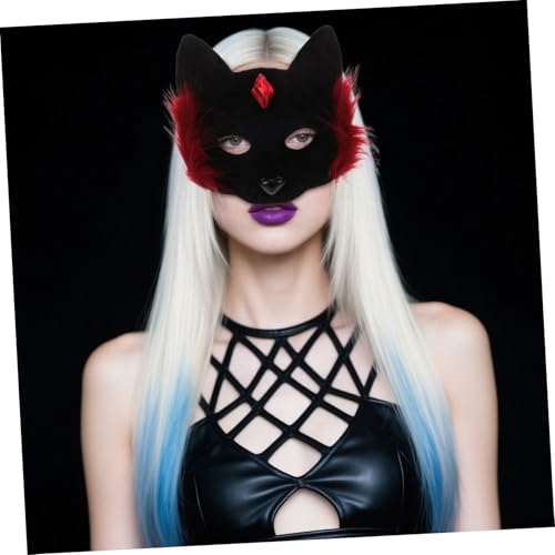 ROMISBABA Halloween Halbgesichts Plüschmaskerade Katzenkostüm für Damen Realistische Tiermaske in Rot Schwarz Universalgröße für Halloween Party und Cosplay von ROMISBABA