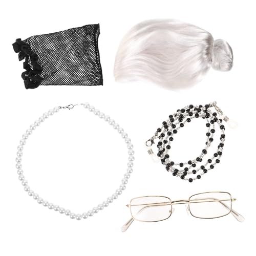 ROMISBABA Old Lady Cosplay Set Perücke Brille Brillenketten Perlenkette für Karneval Halloween Kostümpartys für Erwachsene Langlebige Accessoires für Einen Realistischen Look von ROMISBABA