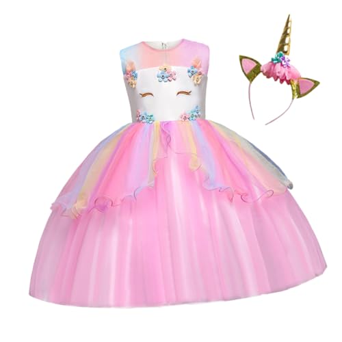 ROMISBABA Prinzessin Kostümset Tüllkleid Rosa mit Gold Haarreif Festliches Geburtstagskleid Mädchen Party Cosplay Unregelmäßiger Saum Hautfreundlich Komfortabel von ROMISBABA
