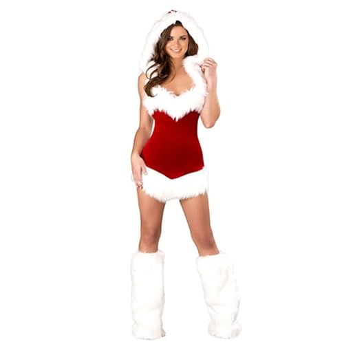 Damen Sexy Mrs. Christmas Kostüm Weihnachtsmann Anzug Cosplay Roter Kapuzenumhang Weihnachten Urlaub Party Kostüm Outfit Flauschig(Rot,M) von ROMOZ