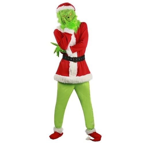 ROMOZ 7-teiliges Weihnachtskostüm für Erwachsene, Grinch Deluxe, Weihnachtsmann-Kostüm mit Maske, Weihnachtstag, Party, Kostüm, Ball, Cosplay, rote Party-Kostüme(Adult-Suit,L) von ROMOZ