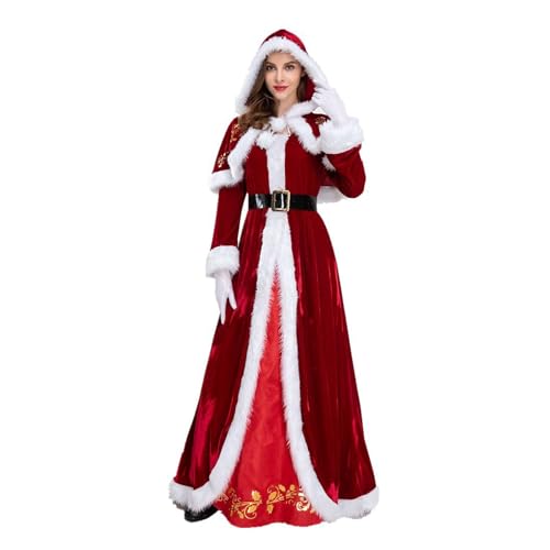 ROMOZ Mrs Claus Santa Weihnachtskostüme Damen Kapuzenumhang Robe Umhang Kleid mit Gürtel und Handschuhen Samt Cosplay Set Heißer Stil(Red,L) von ROMOZ