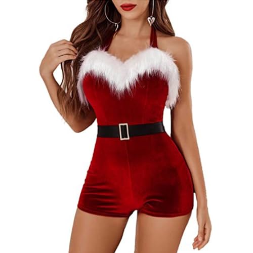 ROMOZ Sexy Weihnachtsmann-Kostüm für Damen, Samt-Strampler, Weihnachts-Shorts, Dessous mit Gürtel, heißer Stil(Red,L) von ROMOZ