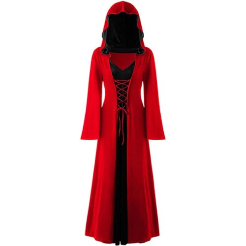 ROMOZ Vintage Hexenkleid, Weihnachten Vampir Kostüm Frauen Plus Größe, Renaissance Kostüm Frauen Mittelalter Kleid Gewandte Robe mit Kapuze(Red,M) von ROMOZ