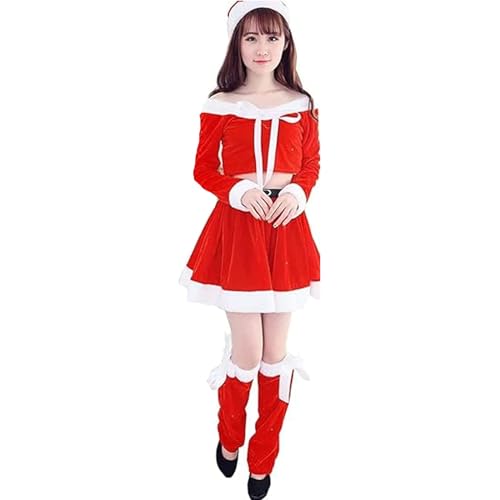 ROMOZ Weihnachten Cosplay Damen Süßes Weihnachtsmann Kostüm Damen Weihnachtsmütze Weihnachtsmann Cosplay Sexy Set Rot 4-teiliges Set(One size) von ROMOZ
