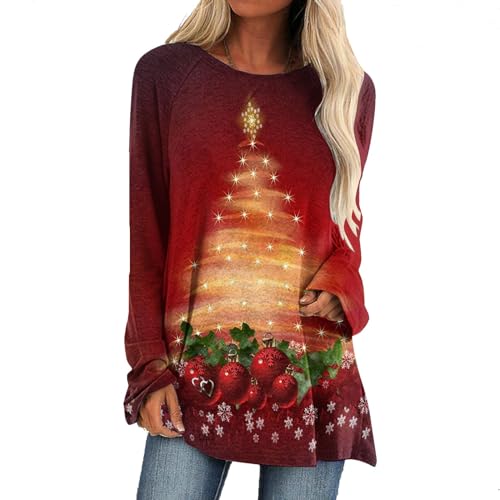 ROMOZ Weihnachtskleider Damen Schulterfrei T-Shirt Langarm Weihnachtsfrau Lose Kostüm Weihnachten Weihnachtsdruck(Style 1,3XL) von ROMOZ