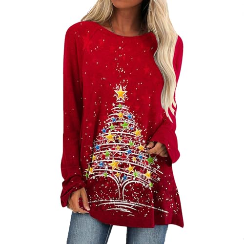 ROMOZ Weihnachtskleider Damen Schulterfrei T-Shirt Langarm Weihnachtsfrau Lose Kostüm Weihnachten Weihnachtsdruck(Style 4,3XL) von ROMOZ