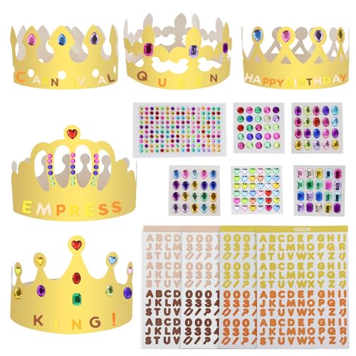 RONGWANGFU Papier Krone Partyhüte, mit Selbstklebende Strasssticker ＆ Alphanumerische Aufkleber, DIY Party Kronenhut Set für Prinzessin Königin Prinz Geburtstagsparty von RONGWANGFU