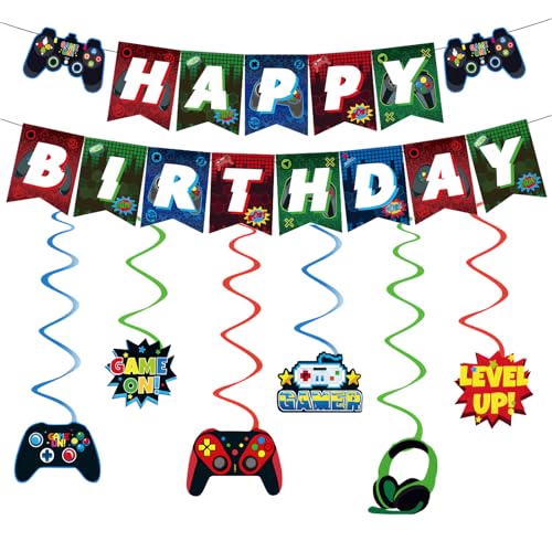 Gamepad-Geburtstagsdekorationen – Wimpelkette, hängende Wirbel und Happy Birthday-Banner für Kinder-Party-Dekoration, 14 Stück Gamepad-Geburtstagsdekorationen – Wimpelkette, hängende Wirbel und Happy Birthday-Banner für Kinder-Party-Dekoration, 14 Stück von RONGZUBAT