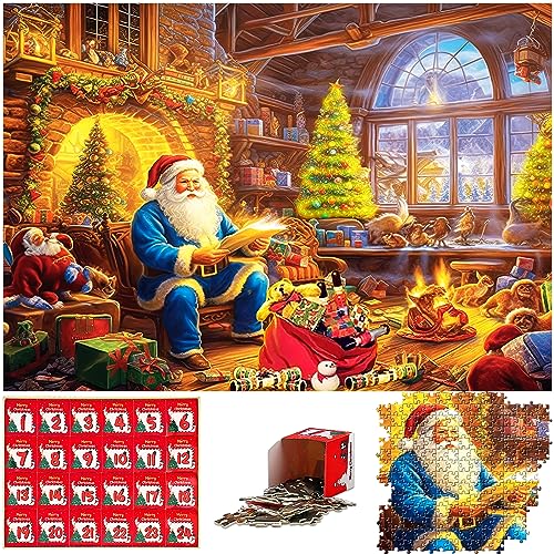 Adventskalender 2023 Puzzle, Weihnachts Jigsaw Puzzle, 24 Boxen - 1008 Teile Puzzles Countdown bis Weihnachten, Weihnachtsgeschenke für Erwachsene und Kinder, Hausdekoration - Blauer Santa von RONSTONE