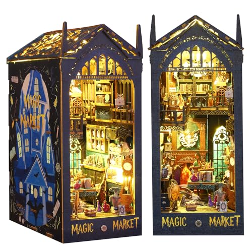 DIY Book Nook Kit mit LED-Sensor-Licht, Puppenhäuser Holz Miniatur Haus Bausatz, 3D Holzpuzzle Magischer Markt Bücherregaleinsatz Kits, Modellbausätze für Erwachsene über 14 Jahre Kreatives Geschenk von RONSTONE