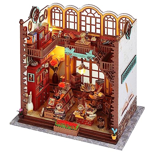 DIY Magische Buchhandlung Book Nook Kit, DIY Miniatur Puppenhaus Bausatz mit Möbeln und LED-Licht, 3D Puzzle Holz Kunst Bücherregal Modellbaukästen Kreatives Geschenk für 14 Jahre und älter von RONSTONE