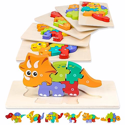 6 Stück Dinosaurier Holzpuzzle für Kinder ad 3 Jahr: Montessori Spielzeug ad 3+ Jahre mit Kordelzugbeutel, lernendes pädagogisches Baby Puzzle, Geschenk für 3 jährige Jungen Mädchen von RONSTONE