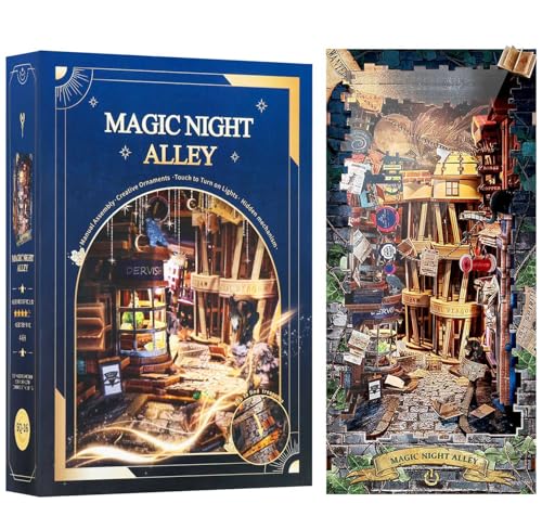 RONSTONE Book Nook- DIY Booknook Kit Miniatur Puppenhäuser mit Staubschutzhülle und LED Licht - Magische Nachtgassse 3D Puzzles Bücherregal Einfügen Dekoration für Erwachsene von RONSTONE