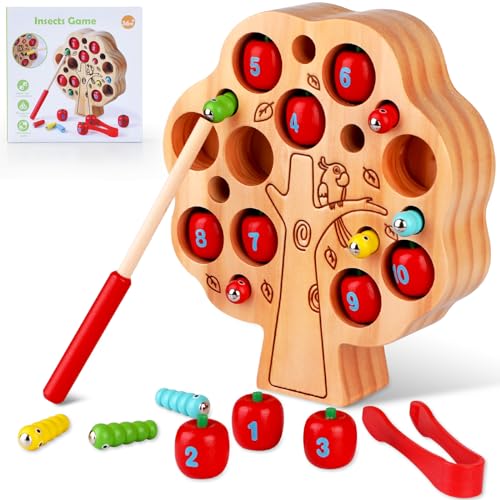 RONSTONE Montessori Spielzeug 3 Jahre: Holz Apfel Ernte und Magnet Insekten Spiel Holzspielzeug 3+ Jahre, pädagogische Lernen Feinmotorik Holz Spielzeug ab 3 4 Jahre Kinder von RONSTONE