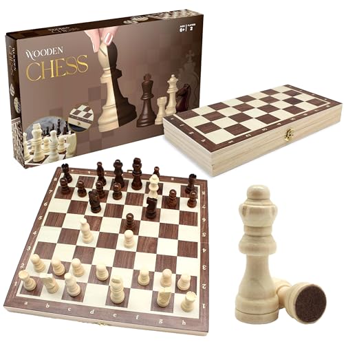 Roo Games Holzschach-Set – Umweltfreundliches Kiefernholz-Schachbrett mit faltbarem Design und Reise-Schach-Set – inklusive komplettem 32-teiligem Set und Aufbewahrung, geeignet für Kinder und von ROO GAMES