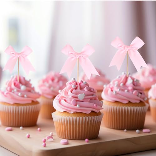 24 Stück rosa Schleifen, Cupcake-Topper, Prinzessinnen-Kuchenaufsätze, Babyparty-Kuchendekorationen, Schleifen-Geburtstagsdekorationen, rosa Schleifen-Topper, geeignet für Partys, Verlobungen 24 Stück rosa Schleifen, Cupcake-Topper, Prinzessinnen-Kuchenaufsätze, Babyparty-Kuchendekorationen, Schleifen-Geburtstagsdekorationen, rosa Schleifen-Topper, geeignet für Partys, Verlobungen von ROOMHUAWAY