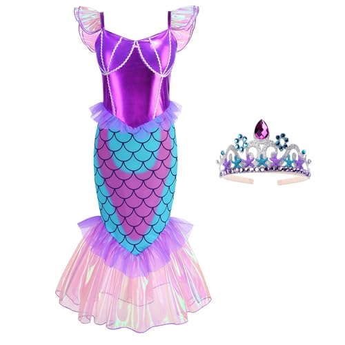 ROSADAGE Kleine Meerjungfrau Kostüm für Mädchen, verkleiden sich mit Krone, Prinzessinnen-Kostüm für Halloween, Cosplay (Bunt-01, 140 (7-8T)) von ROSADAGE