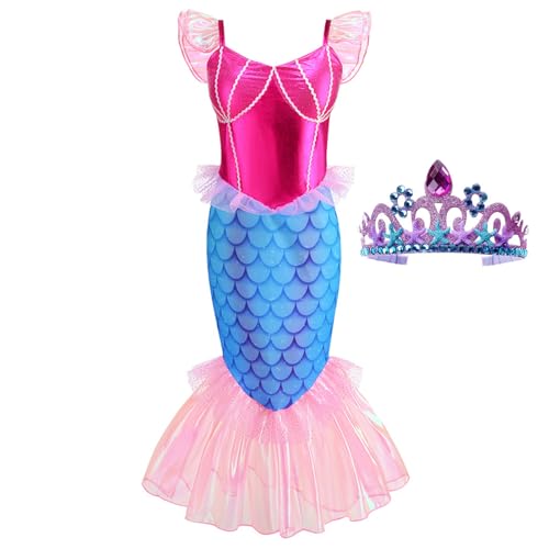 ROSADAGE Kleine Meerjungfrau Kostüm für Mädchen, verkleiden sich mit Krone, Prinzessinnen-Kostüm für Halloween, Cosplay (Bunt-02, 150 (9-10T)) von ROSADAGE