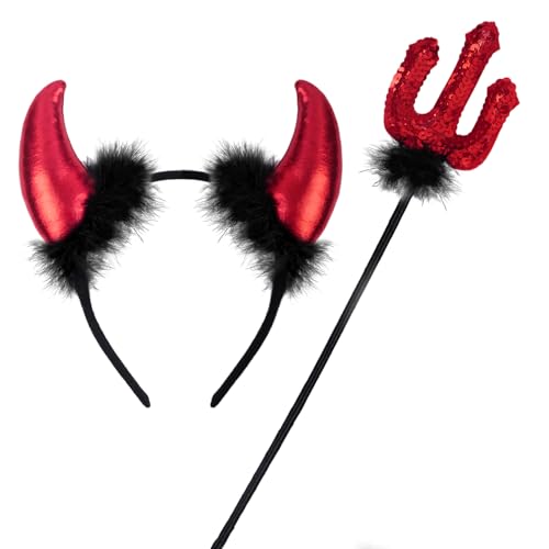 ROSAUI Halloween Teufelshörner und Dreizack, Karneval Teufel Kostüm Damen, Hörner Haarreif Rot, 36cm Zepter, Hörner Kopfschmuck Teufel Accessoire Fasching Party ROSAUI Halloween Teufelshörner und Dreizack, Karneval Teufel Kostüm Damen, Hörner Haarreif Rot, 36cm Zepter, Hörner Kopfschmuck Teufel Accessoire Fasching Party von ROSAUI