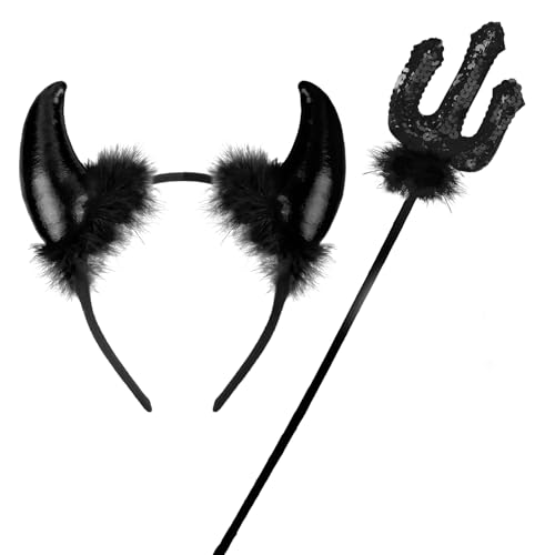 ROSAUI Halloween Teufelshörner und Dreizack, Karneval Teufel Kostüm Damen, Hörner Haarreif Schwarz, 36cm Zepter, Hörner Kopfschmuck Teufel Accessoire Fasching Party ROSAUI Halloween Teufelshörner und Dreizack, Karneval Teufel Kostüm Damen, Hörner Haarreif Schwarz, 36cm Zepter, Hörner Kopfschmuck Teufel Accessoire Fasching Party von ROSAUI