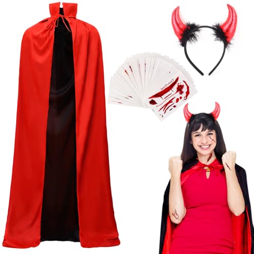 ROSAUI Halloween Umhang Set für Damen, Halloween Teufel kostüm herren mit Hörner Haarreif und Narbe Tattoo Aufkleber, Schwarzer und Roter Umhang für Halloween Party 90cm ROSAUI Halloween Umhang Set für Damen, Halloween Teufel kostüm herren mit Hörner Haarreif und Narbe Tattoo Aufkleber, Schwarzer und Roter Umhang für Halloween Party 90cm von ROSAUI