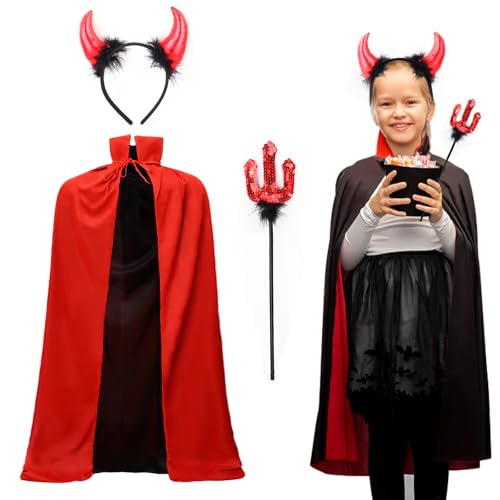 ROSAUI Teufel Kostüm für Kinder, Halloween Vampir Umhang Set mit Teufelshörner und Teufelgabel, 90 cm Schwarzer & Roter Cape für Halloween-Masquerade, Karneval ROSAUI Teufel Kostüm für Kinder, Halloween Vampir Umhang Set mit Teufelshörner und Teufelgabel, 90 cm Schwarzer & Roter Cape für Halloween-Masquerade, Karneval von ROSAUI
