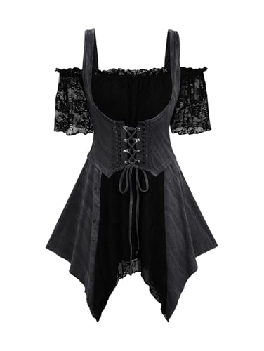 ROSE GAL Damen-Korsett, Übergröße, Gothic, schulterfrei, Mittelalter, Renaissance, Unterbrustkorsett, Oberteil, Spitzen-Panel, Schnürung, asymmetrisches Tunika-Oberteil (Schwarz, 5/2X) von ROSE GAL