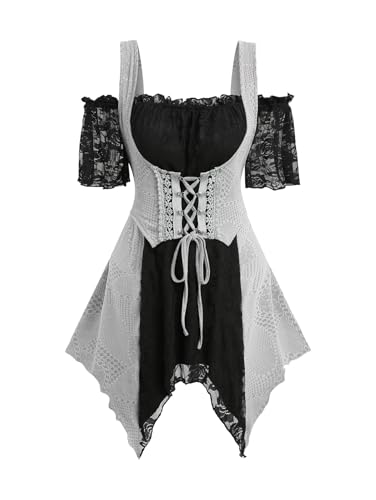 ROSE GAL Damen-Korsett, Übergröße, Gothic, schulterfrei, Mittelalter, Renaissance, Unterbrustkorsett, Oberteil, Spitzen-Panel, Schnürung, asymmetrisches Tunika-Oberteil (Schwarz, 5/3X) von ROSE GAL