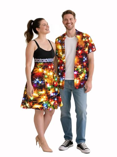 ROSE GAL Matchable Couples Christmas Costume Outfits 3D Light Printed Hawaiian Men Shirt and Women Vintage Sleeveless Dress, Schwarz, Damen, Large ROSE GAL Matchable Couples Christmas Costume Outfits 3D Light Printed Hawaiian Men Shirt and Women Vintage Sleeveless Dress, Schwarz, Damen, Large von ROSE GAL