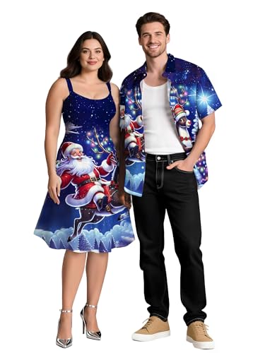 ROSE GAL Matchable Couples Christmas Costume Outfits 3D Santa Claus Elch Printed Hawaiian Men Shirt and Women Vintage Dress, Damen, Blau, 4X-Large ROSE GAL Matchable Couples Christmas Costume Outfits 3D Santa Claus Elch Printed Hawaiian Men Shirt and Women Vintage Dress, Damen, Blau, 4X-Large von ROSE GAL