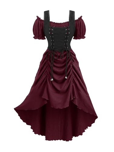 ROSE GAL Rosegal Damen-Kostüm, Übergröße, Steampunk, Renaissance, schulterfrei, Rüschen, Schnürung, hoch niedrig, strukturiert, Gothic-Midikleid, Piratenkostüm (Rot, Größe 1/L) von ROSE GAL