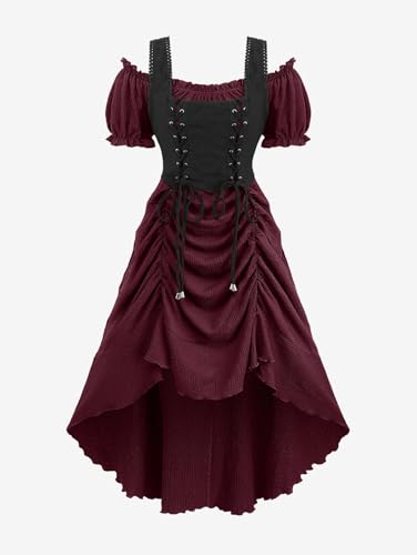ROSE GAL Rosegal Damen-Kostüm, Übergröße, Steampunk, Renaissance, schulterfrei, Rüschen, Schnürung, hoch niedrig, strukturiert, Gothic-Midikleid, Piratenkostüm (Rot, Größe 1/M) von ROSE GAL