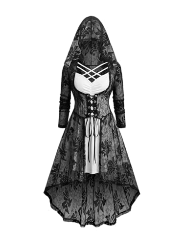 ROSE GAL Rosegal Hexenkostüm für Damen, Halloween-Kostüm, Gothic-Spitze, mit Kapuze, Schnürung, hoher niedriger Saum, langes Oberteil und überkreuzte Riemen, Cami-Kleid (Weiß/1X) von ROSE GAL