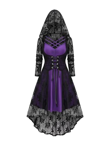 Rosegal Damen Hexe Halloween Kostüm Gothic Spitze Panel Lange Glockenärmel Kapuze Schnürung Asymmetrisches Midikleid, Violett_4, Large von ROSE GAL