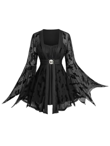 Rosegal Halloween-Kostüm für Damen, Übergröße, Gothic-Top, Totenkopf-Netzstoff, Schnürung, Glockenärmel, kalte Schulterpartie, Schwarz, 3X Rosegal Halloween-Kostüm für Damen, Übergröße, Gothic-Top, Totenkopf-Netzstoff, Schnürung, Glockenärmel, kalte Schulterpartie, Schwarz, 3X von ROSE GAL